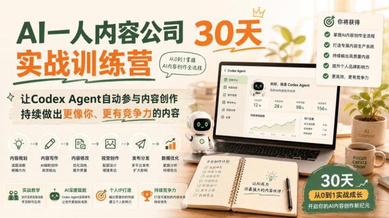 AI一人内容公司30天实战训练营,让Codex Agent自动参与内容创作持续做出更像你、更有竞争力的内容-西蒙学社