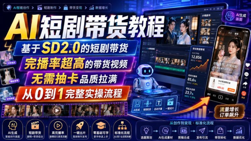 AI短剧带货教程，基于SD2.0的短剧带货，完播率超高的带货视频，无需抽卡品质拉满，从0到1完整实操流程-西蒙学社