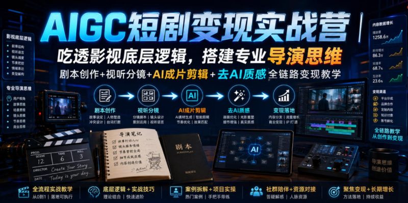 AIGC短剧变现实战营｜吃透影视底层逻辑，搭建专业导演思维，剧本创作+视听分镜+AI成片剪辑+去AI质感全链路变现教学-西蒙学社