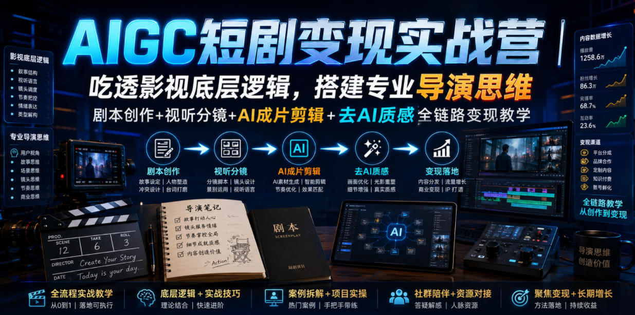 AIGC短剧变现实战营｜吃透影视底层逻辑，搭建专业导演思维，剧本创作+视听分镜+AI成片剪辑+去AI质感全链路变现教学-西蒙学社