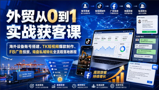 外贸从0到1实战获客课|海外设备账号搭建、TK短视频爆款制作、FB广告投放、询盘私域转化全流程落地教程-西蒙学社