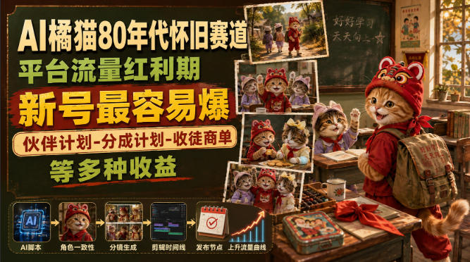 AI橘猫80年代怀旧赛道,平台流量红利期,新号最容易爆,伙伴计划-分成计划-收徒商单等多种收益-西蒙学社