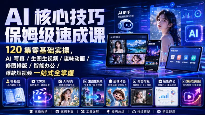 AI核心技巧保姆级速成课｜120集零基础实操，AI写真/生图生视频/趣味动画/修图排版/智能办公/爆款短视频一站式全掌握（更新）-西蒙学社