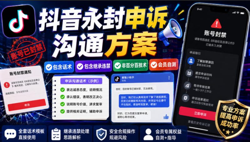 抖音永封申诉沟通方案，包含话术，包含继承违禁，非百分百技术，会员自测-西蒙学社