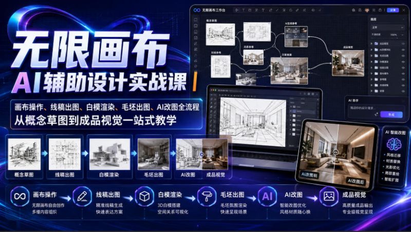 无限画布AI辅助设计实战课|画布操作、线稿出图、白模渲染、毛坯出图、AI改图全流程,从概念草图到成品视觉一站式教学-西蒙学社