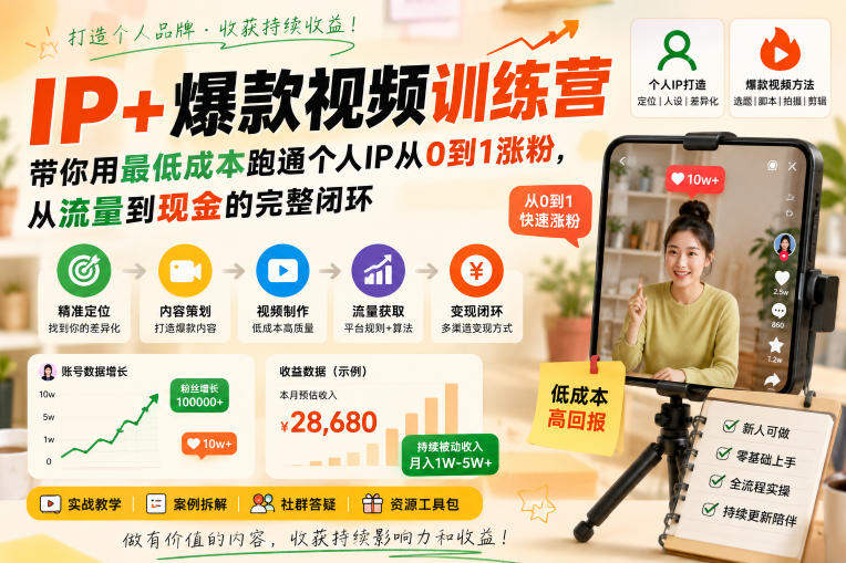 IP+爆款视频训练营，带你用最低成本跑通个人IP从0到1涨粉，从流量到现金的完整闭环-西蒙学社