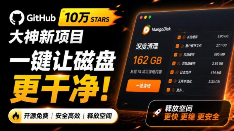 在Gtihub上做出10万stars的大神,又发布新项目了!一键让磁盘更干净,开源免费清理工具MangoDisk-西蒙学社