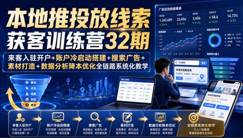 本地推投放线索获客训练营32期|来客入驻开户+账户冷启动搭建+搜索广告+素材打造+数据分析降本优化全链路系统化教学(8月全新课程)-西蒙学社