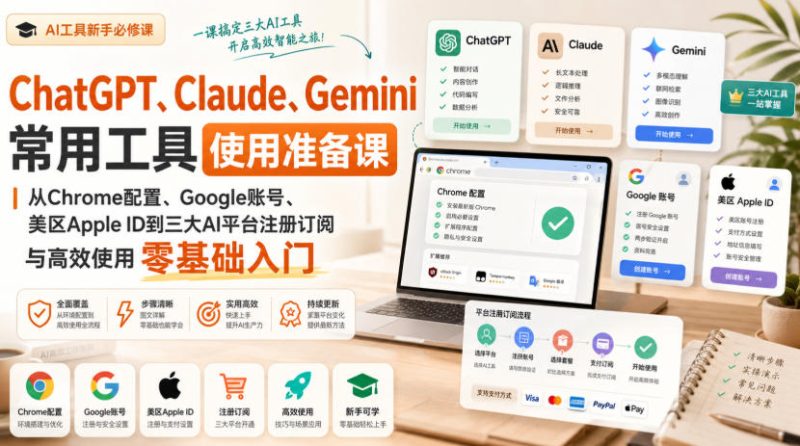 ChatGPT、Claude、Gemini常用工具使用准备课|从Chrome配置、Google账号、美区Apple ID到三大AI平台注册订阅与高效使用零基础入门-西蒙学社