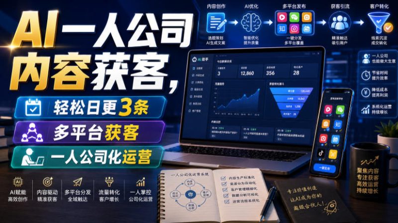 AI一人公司内容获客，轻松日更3条，多平台获客，一人公司化运营（更新0827）-西蒙学社