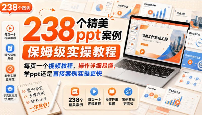 238个精美ppt案例保姆级实操教程,每页一个视频教程,操作详细易懂,学ppt还是直接案例实操更快-西蒙学社