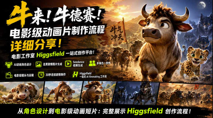 牛来!牛德赛!电影级动画片制作流程详细分享!电影工作室Higgsfield一站式创作平台,完整创作流程-西蒙学社