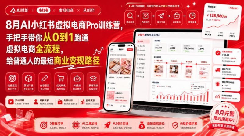 8月AI小红书虚拟电商Pro训练营,手把手带你从0到1跑通虚拟电商全流程,给普通人的最短商业变现路径-西蒙学社