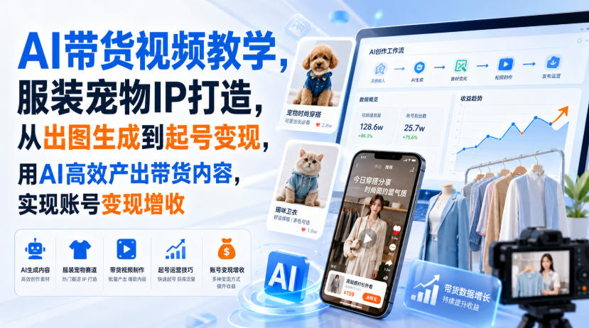 AI带货视频教学，服装宠物IP打造，从出图生成到起号变现，用AI高效产出带货内容，实现账号变现增收-西蒙学社