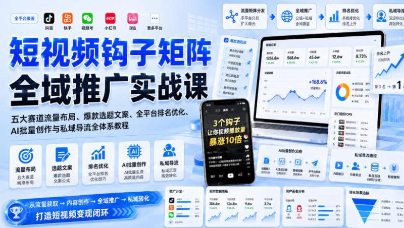 短视频钩子矩阵全域推广实战课|五大赛道流量布局、爆款选题文案、全平台排名优化、AI批量创作与私域导流全体系教程-西蒙学社