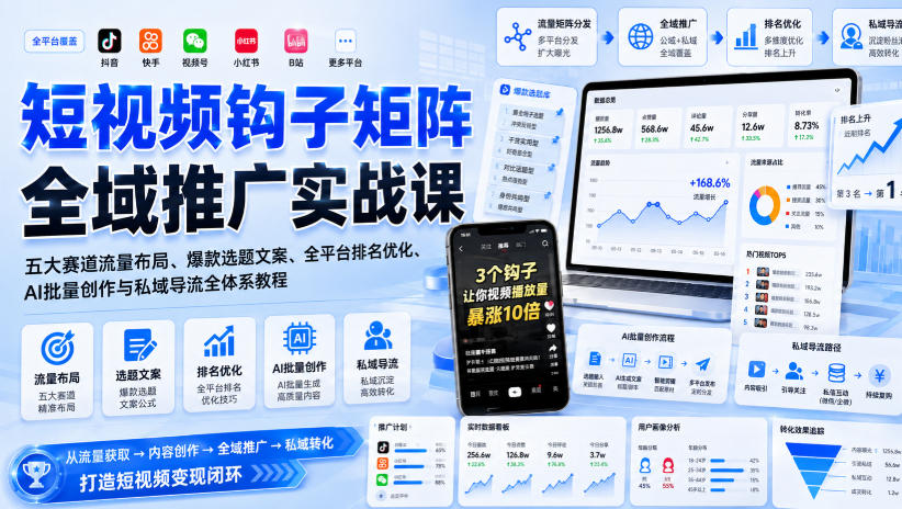 短视频钩子矩阵全域推广实战课｜五大赛道流量布局、爆款选题文案、全平台排名优化、AI批量创作与私域导流全体系教程-西蒙学社
