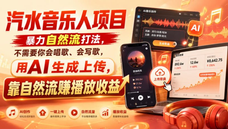 汽水音乐人项目,暴力自然流打法,不需要你会唱歌、会写歌,用AI生成上传,靠自然流賺播放收益-西蒙学社