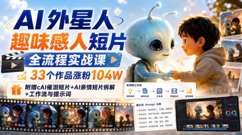 AI外星人趣味感人短片全流程实战课,33个作品涨粉104W,附赠AI催泪短片+AI亲情短片拆解+工作流与提示词-西蒙学社