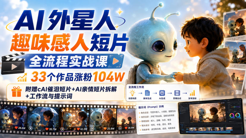 AI外星人趣味感人短片全流程实战课，33个作品涨粉104W，附赠AI催泪短片+AI亲情短片拆解+工作流与提示词-西蒙学社