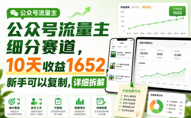 公众号流量主细分赛道，10天收益1652，新手可以复制，详细拆解-西蒙学社