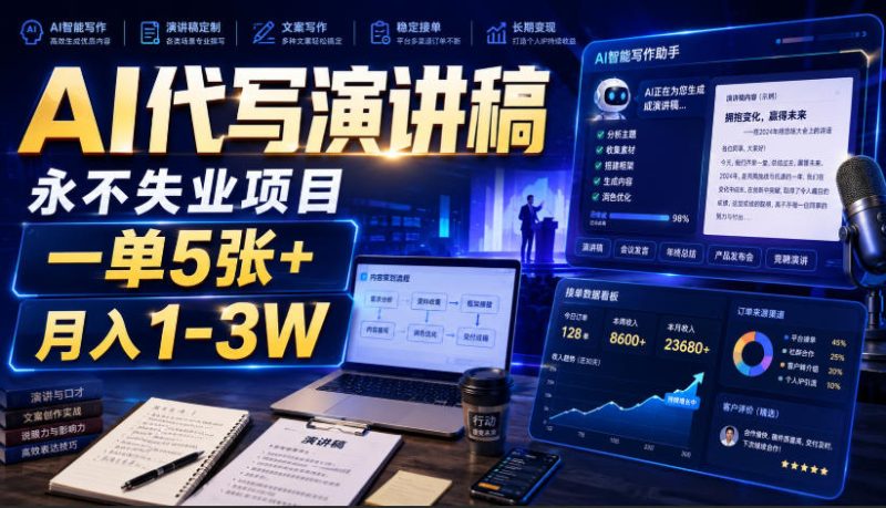 AI代写演讲稿，永不失业项目，一单5张+，月入1-3W【揭秘】-西蒙学社