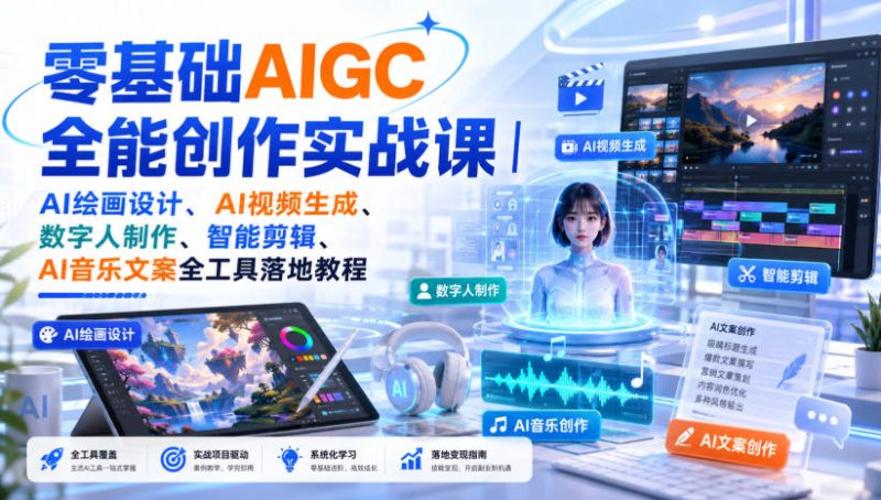 零基础AIGC全能创作实战课｜AI绘画设计、AI视频生成、数字人制作、智能剪辑、AI音乐文案全工具落地教程-西蒙学社