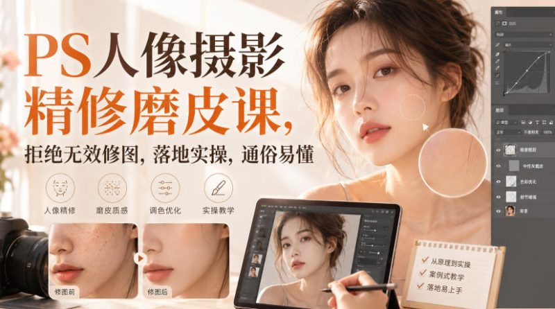 PS人像摄影精修磨皮课,拒绝无效修图,落地实操,通俗易懂-西蒙学社