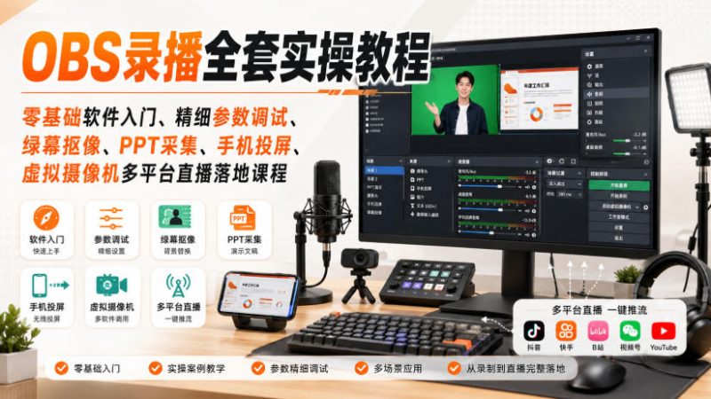 OBS录播全套实操教程｜零基础软件入门、精细参数调试、绿幕抠像、手机投屏、虚拟摄像机多平台直播落地课程-西蒙学社