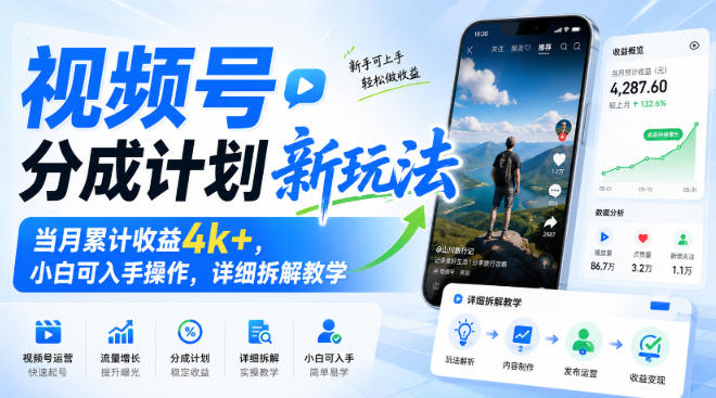 视频号分成计划新玩法,当月累计收益4k+,小白可入手操作,详细拆解教学-西蒙学社