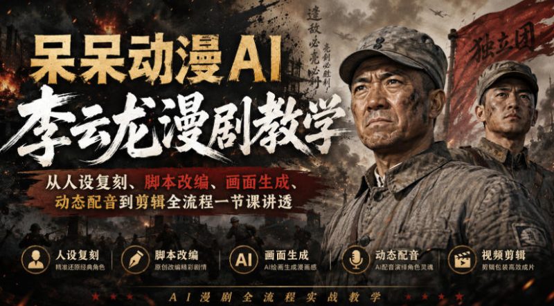 呆呆动漫AI李云龙漫剧教学，从人设复刻、脚本改编、画面生成、动态配音到剪辑全流程一节课讲透-西蒙学社