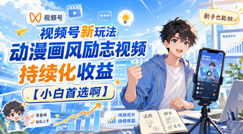 视频号新玩法动漫画风励志视频，持续化收益【小白首选啊】-西蒙学社
