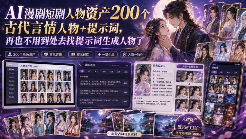 AI漫剧短剧人物资产200个古代言情人物+提示词，再也不用到处去找提示词生成人物了-西蒙学社