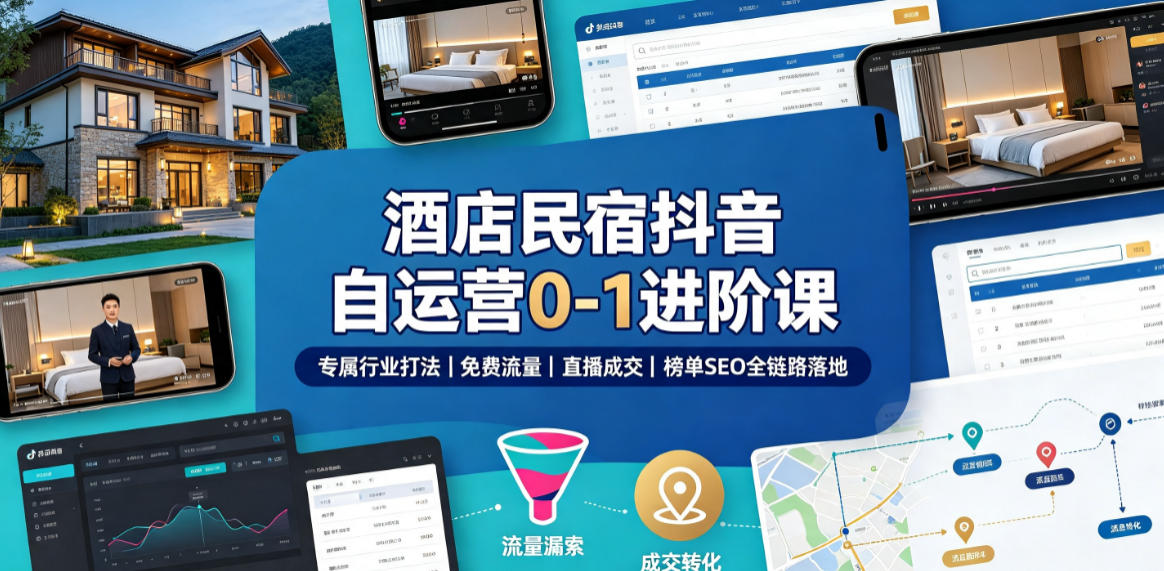 酒店民宿抖音自运营0-1进阶课｜专属行业打法、免费流量+直播成交+榜单SEO全链路落地-西蒙学社