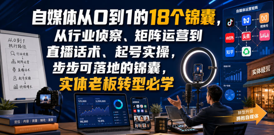 自媒体从0到1的18个锦囊，从行业侦察、矩阵运营到直播话术、起号实操，步步可落地的锦囊，实体老板转型必学-西蒙学社