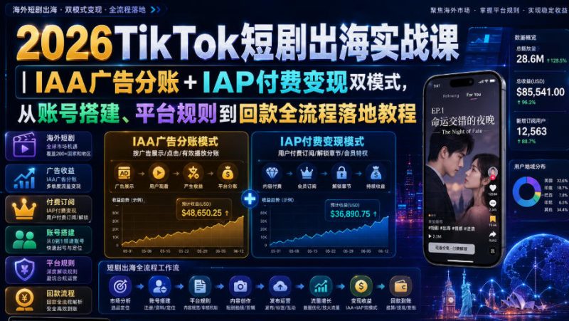 2026TikTok短剧出海实战课|IAA广告分账+IAP付费变现双模式,从账号搭建、平台规则到回款全流程落地教程-西蒙学社