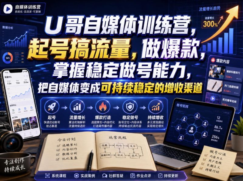 U哥自媒体训练营,起号搞流量,做爆款,掌握稳定做号能力,把自媒体变成可持续稳定的增收渠道-西蒙学社