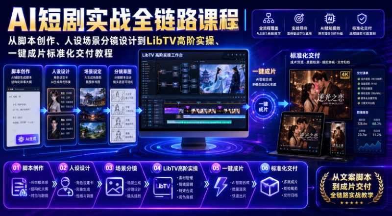 AI短剧实战全链路课程|从脚本创作、人设场景分镜设计到LibTV高阶实操、一键成片标准化交付教程-西蒙学社