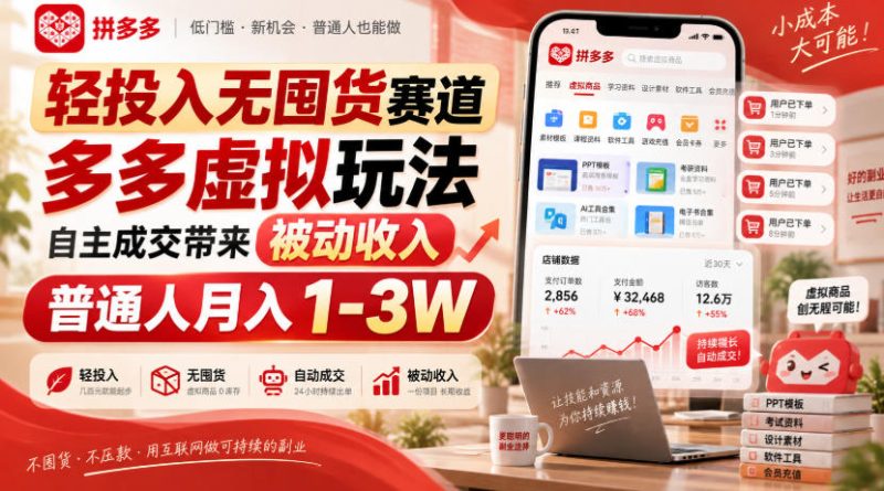 轻投入无囤货赛道，多多虚拟玩法自主成交带来被动收入，普通人月入1-3W-西蒙学社