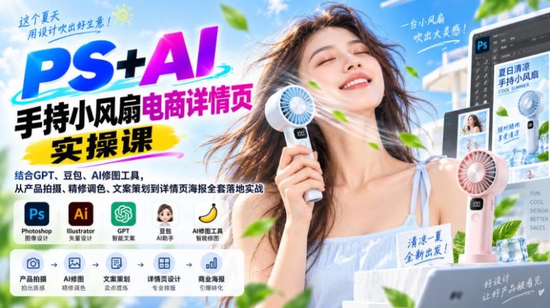PS+AI手持小风扇电商详情页实操课|结合GPT、豆包、AI修图工具,从产品拍摄、精修调色、文案策划到详情页海报全套落地实战-西蒙学社