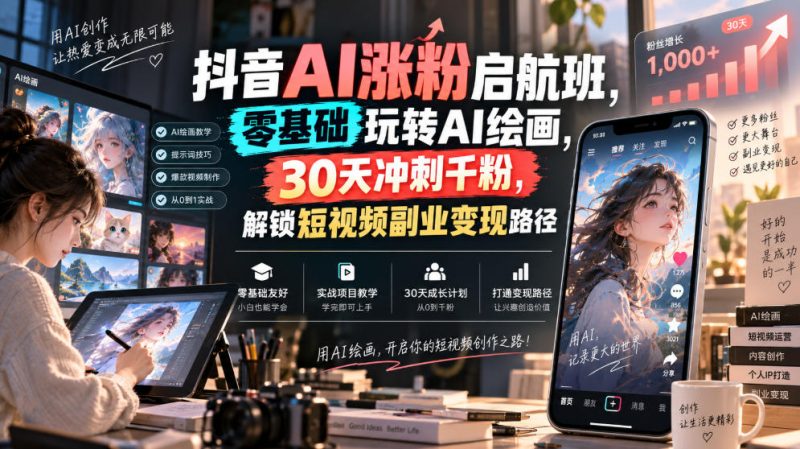 抖音AI涨粉启航班,零基础玩转AI绘画,30天冲刺千粉,解锁短视频副业变现路径-西蒙学社