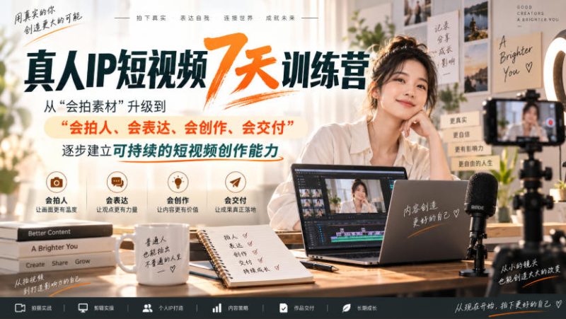 真人IP短视频7天训练营,从“会拍素材”升级到“会拍人、会表达、会创作、会交付”,逐步建立可持续的短视频创作能力-西蒙学社