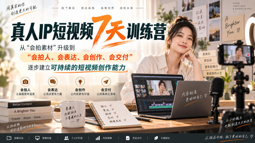 真人IP短视频7天训练营，从“会拍素材”升级到“会拍人、会表达、会创作、会交付”，逐步建立可持续的短视频创作能力-西蒙学社