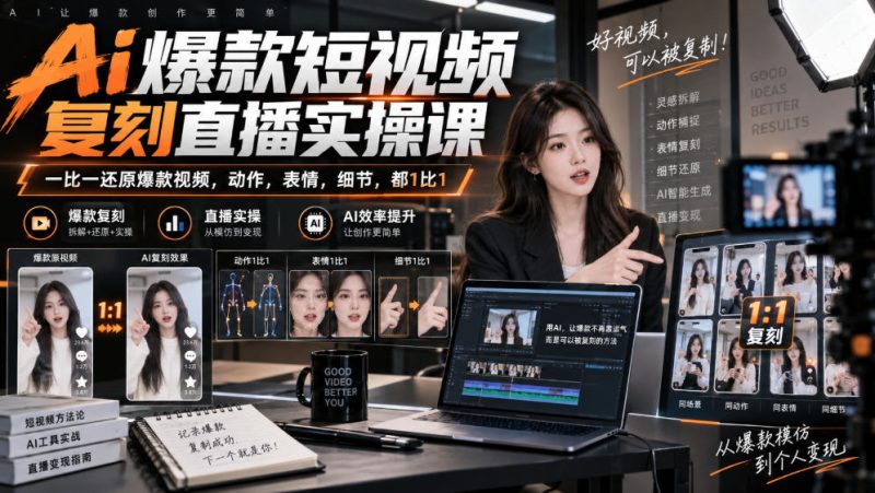 天诺老吴Ai爆款短视频复刻直播实操课，一比一还原爆款视频，动作，表情，细节，都1比1-西蒙学社