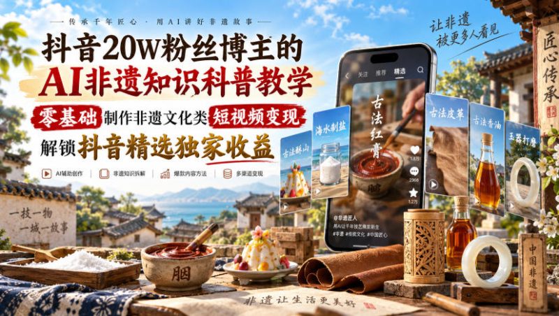 抖音20W粉丝博主的AI非遗知识科普教学，零基础制作非遗文化类短视频变现，解锁抖音精选独家收益-西蒙学社