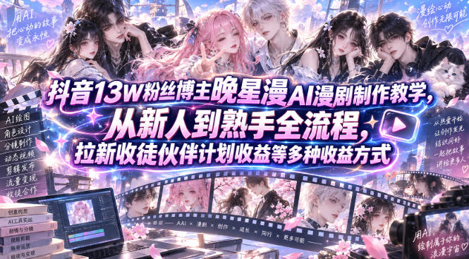 抖音13W粉丝博主晚星漫AI漫剧制作教学，从新人到熟手全流程，拉新收徒伙伴计划收益等多种收益方式，单日1K+-西蒙学社