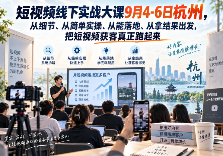 短视频线下实战大课9月4-6日杭州,从细节、从简单实操、从能落地、从拿结果出发,把短视频获客真正跑起来(更新)-西蒙学社