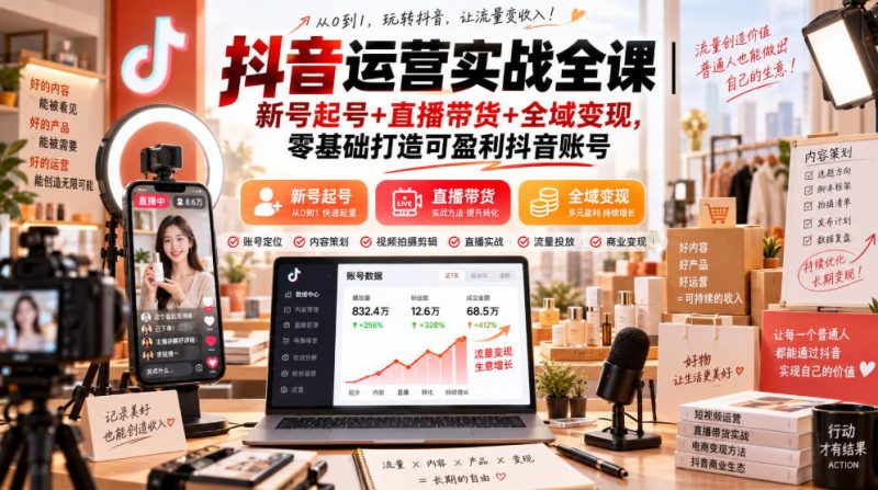 抖音运营实战全课|新号起号+直播带货+全域变现,零基础打造可盈利抖音账号-西蒙学社