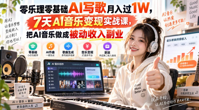 零乐理零基础AI写歌月入过1W,7天AI音乐变现实战课,把AI音乐做成被动收入副业-西蒙学社