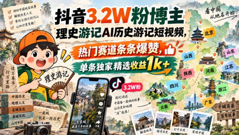 抖音3.2W粉博主理史游记AI历史游记短视频教学,热门赛道条条爆赞,单条独家精选收益1k+-西蒙学社