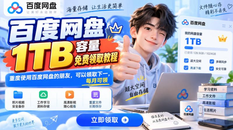 百度网盘1TB容量免费领取教程,重度使用百度网盘的朋友,可以领取下一,每月可领-西蒙学社